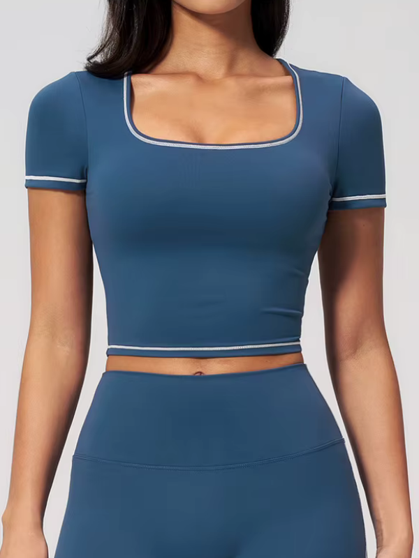 T-shirt Yoga Col Carré - bleu marine / S