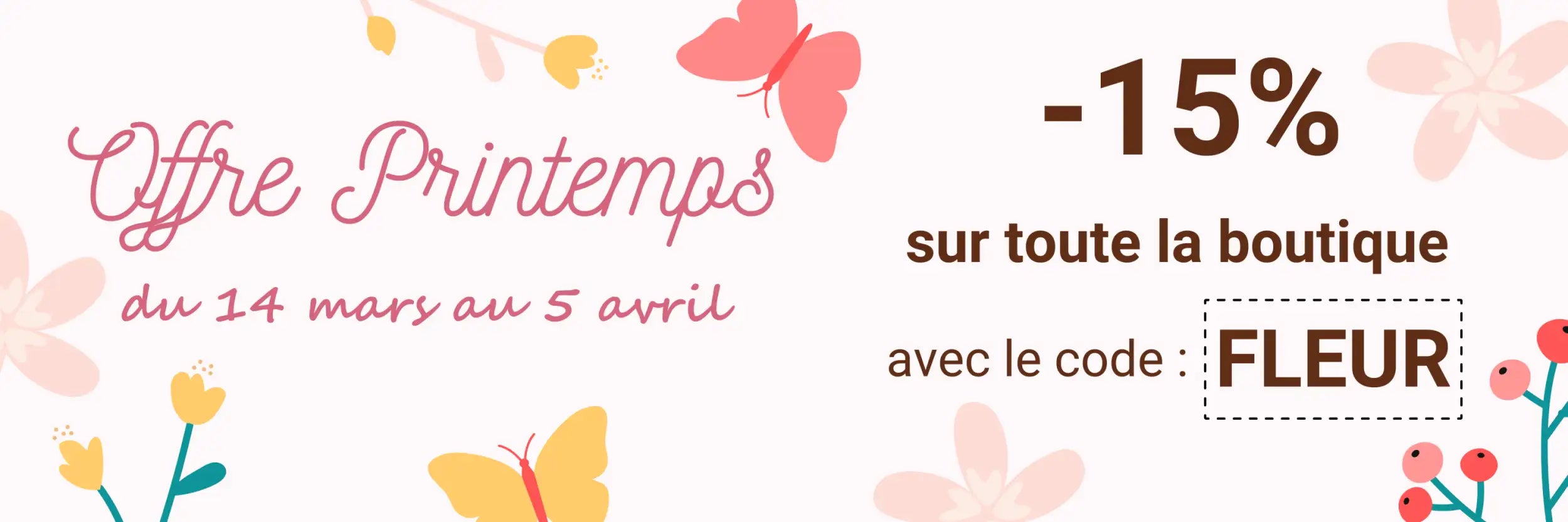 Bannière d'offre de printemps avec illustrations florales roses et jaunes.