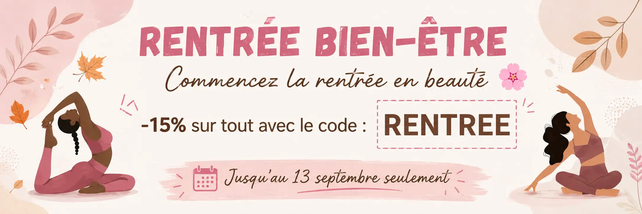 Bannière illustrée rose présentant deux femmes dans des postures de yoga, avec des feuilles d’automne et des touches florales.