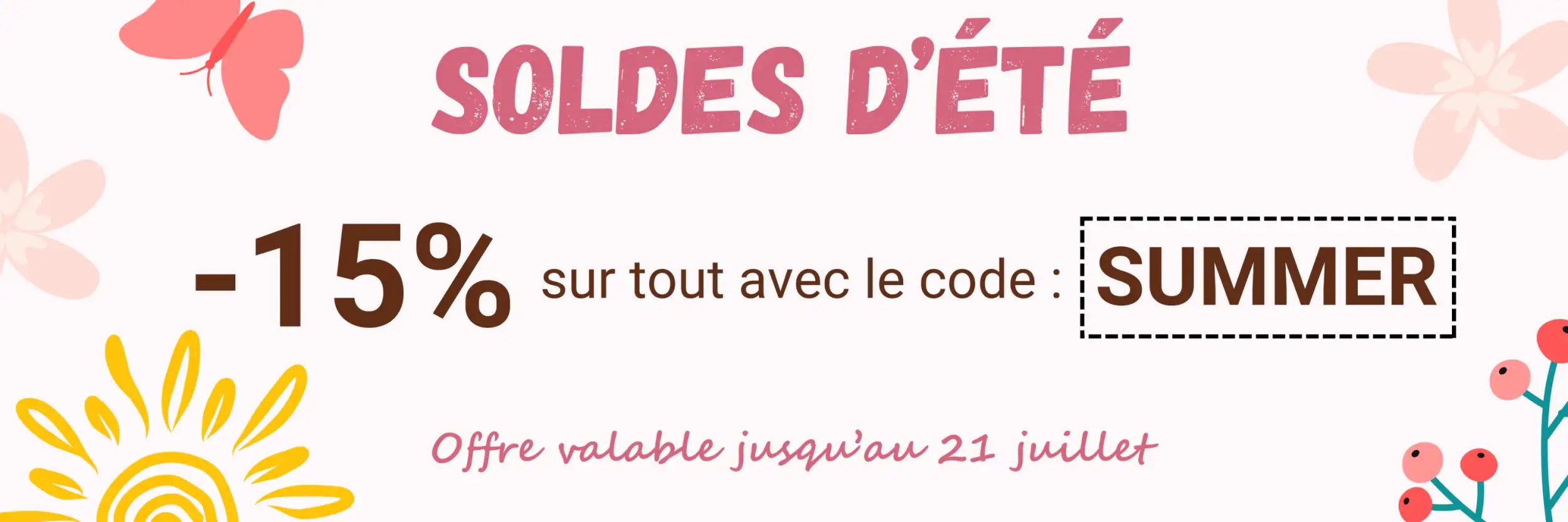Bannière de promotion d'été rose et jaune avec des illustrations florales et solaires.