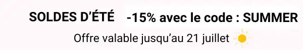 Bannière de promotion d’été avec texte noir sur fond blanc faisant la publicité d’une réduction de 15 % à l’aide du code summer, valable jusqu’au 21 juillet.