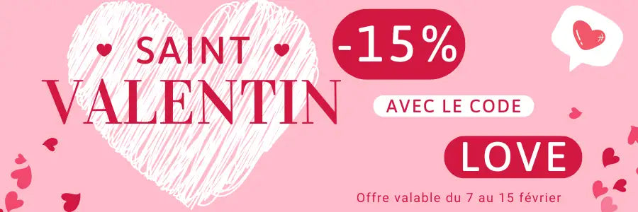 Bannière promotionnelle pour la Saint-Valentin rose avec un cœur blanc style esquisse et texte rouge offrant 15 % de réduction.