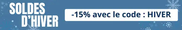 Bannière promotionnelle bleue annonçant les soldes d'hiver avec 15% de réduction en utilisant le code 'HIVER'