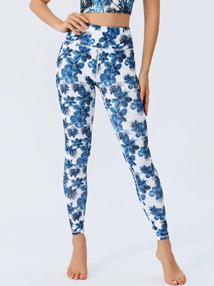 Legging Yoga Imprimé Fleurs Bleues