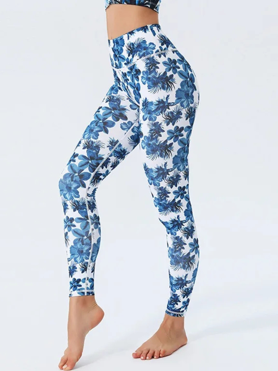 Legging Yoga Imprimé Fleurs Bleues - fleurs / S