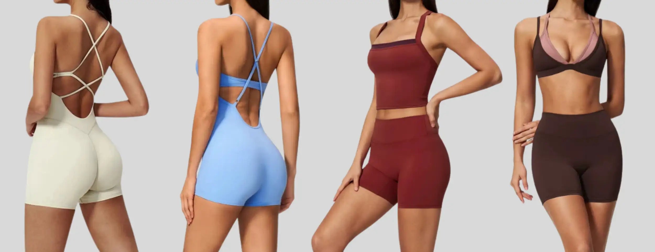 L’image montre quatre ensembles de sport deux-pièces différents pour femmes, chacun comportant un haut court et des shorts taille haute dans des couleurs variées, notamment crème, bleu clair, bordeaux et brun.