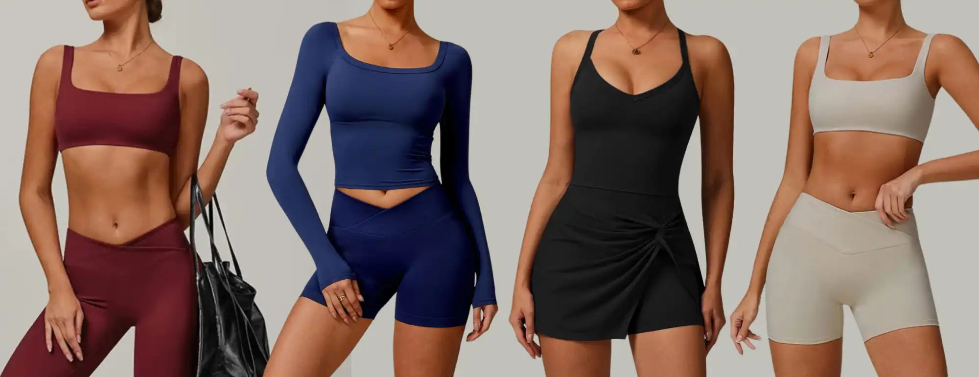 Quatre femmes portant des ensembles de sport assortis, comprenant des brassières de sport, des hauts à manches longues, des leggings et des shorts de différentes couleurs.