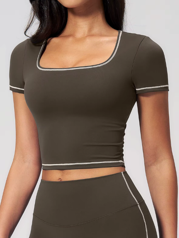 T-shirt Yoga Col Carré - marron / S