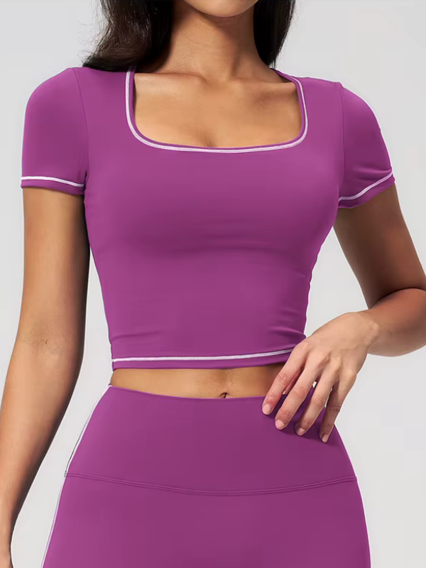 T-shirt Yoga Col Carré - rose framboise / S